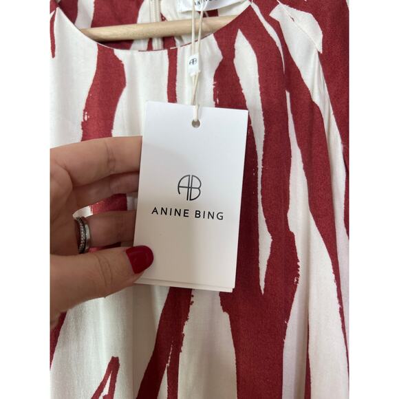 NWT Anine Bing Dahlia Zebra Drop Waist Pleated Skirt Red and Cream Midi Dress - Picture 5 of 9